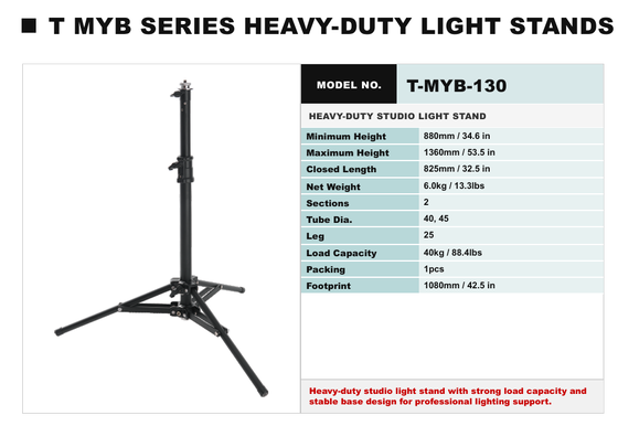 TMYB Series Aluminum Light Stand with Effortless Height Adjustment and 50 kg Load Capacity for Professional Photography